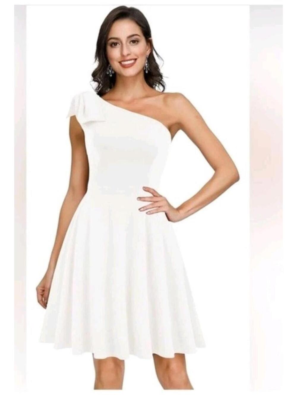 Jasambac Bow Shoulder Assymetrical Neck Line White Dress Medium